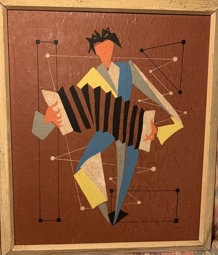 Vintage Pair of MCM Cubist Musician Paintings 23“ x 19 1/4“ Signed Zafero - Picture 3 of 8