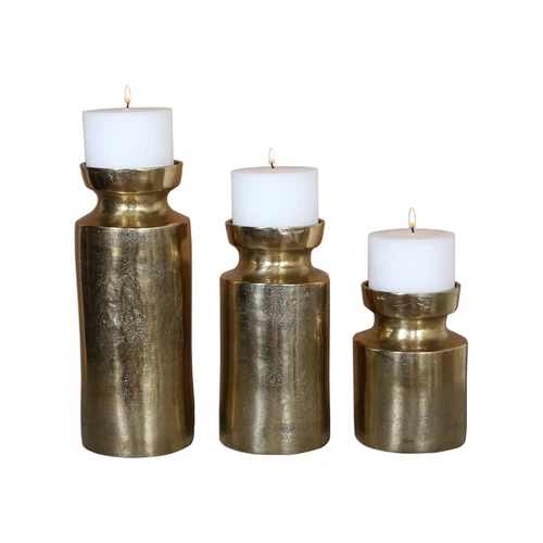 Rustic Antique Style Brass Pillar Candle Holder Set 3 | Classic Traditional Gold - Picture 2 of 3