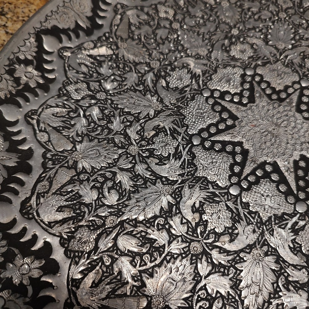 Vintage Middle Eastern Round Silver Tray Floral Design - Thumbnail 3