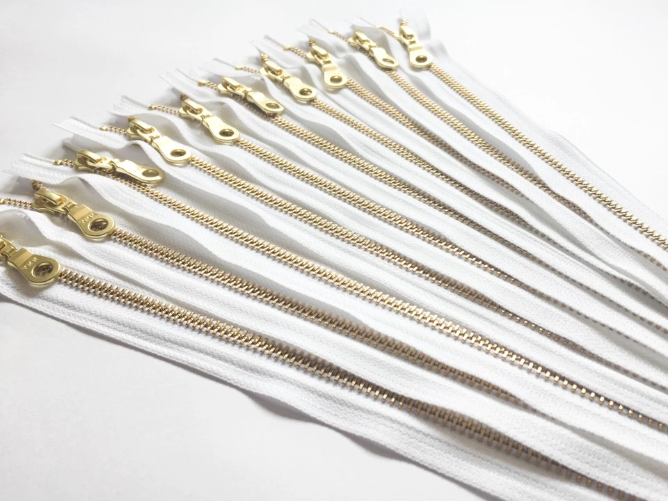 Gold White Zippers, YKK Closed End zips, Golden Brass Donut Pull Zips - 12 pc - Image 2 of 2
