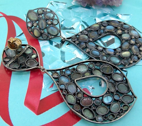 14k Yellow Gold & Black Sterling Silver opal Stone & Labradorite Dangle Earrings - Picture 3 of 5