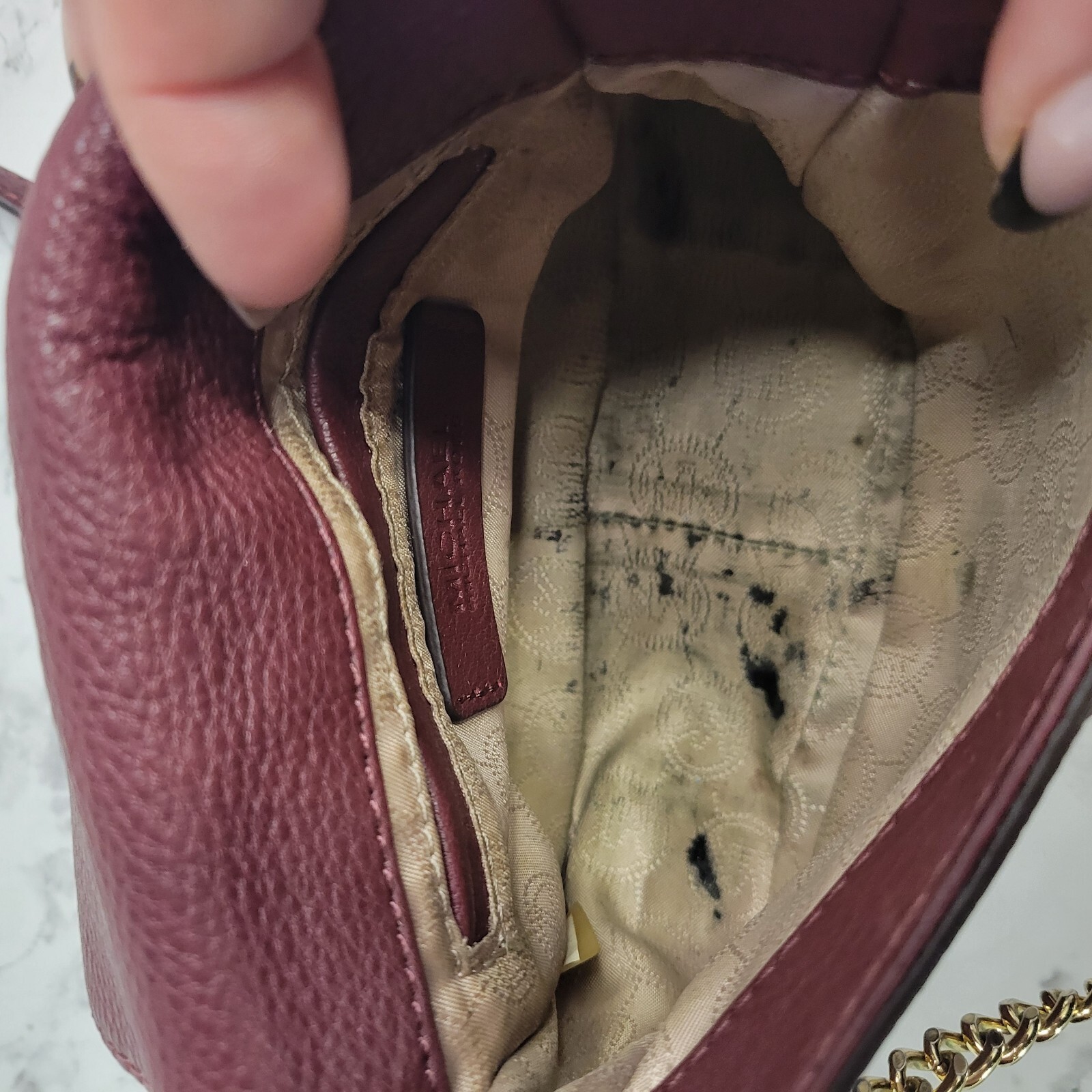 Michael Kors Fulton Leather Burgundy Crossbody Bag Purse Gold Chain Cute Small thumbnail 13