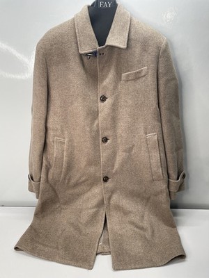 FAY Mens Wool Coat Light Brown Size XL Herringbone Collared Unlined Button Up