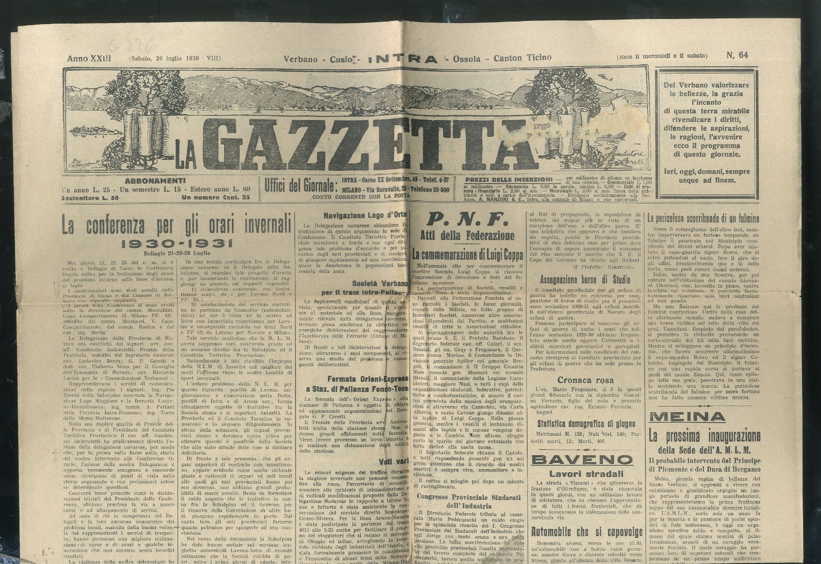 Giornale La Gazzetta 1930 Verbania Cusio Ossola Intra  g 226