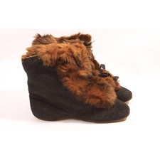 Antique 1800s Victorian Black Brown Fur Lined Lace Up Carriage Slipper Boots