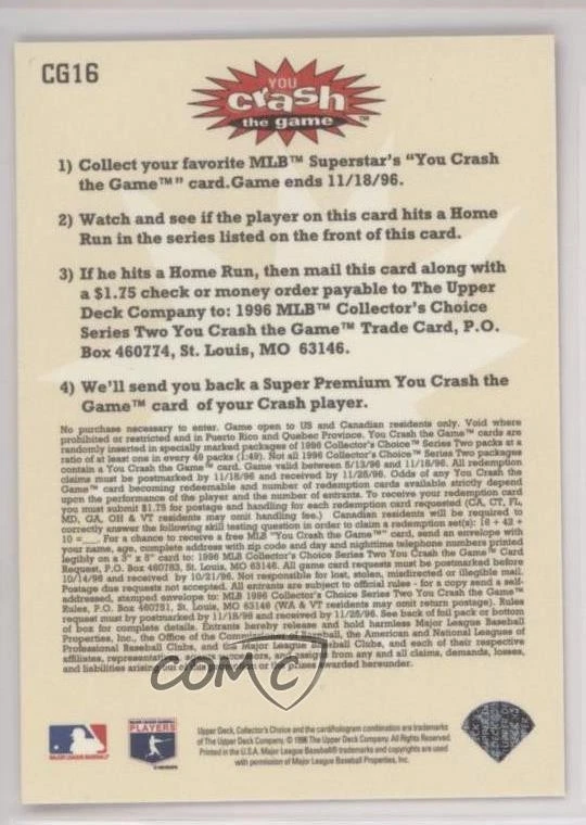 1996 Collector's Choice You Crash the Game Gold Larry Walker (June 24-26) HOF - Image 2 of 2