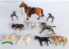 Lot of 10 Vintage Plastic Horse Figurines Western Saddle Slag Marbled Donkey Toy