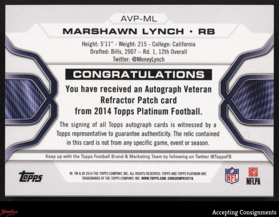 2014 Topps Platinum Autographs Refractor Marshawn Lynch PATCH AUTO 28/30 - Image 2 of 2