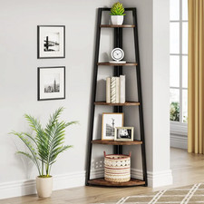 70" Tall Corner Shelf 5 Tier Bookshelf Modern Ladder Bookcase Plant Stand Brown