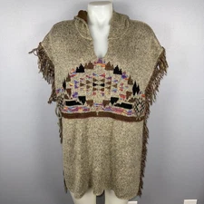 Elan Sweater Poncho OS Multicolor Hooded Side Ties Fringe Aztec