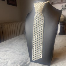 Vintage 70s Faux Pearl Unisex Necktie Tie Necklace Estate Jewelry Statement