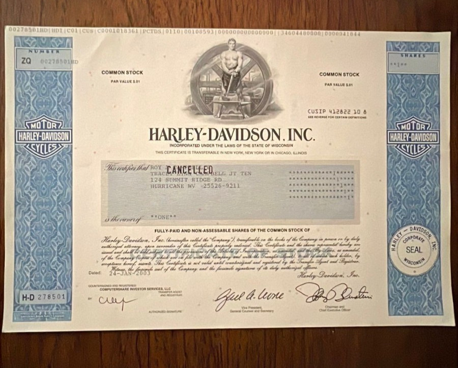 Harley Davidson stock certificate Old Style 2003 famous motorcycle company