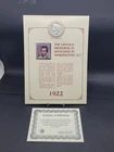1922 S Silver Peace $1 Dollar On Card w/ $60 Guyana Lincoln Memorial Stamp COA