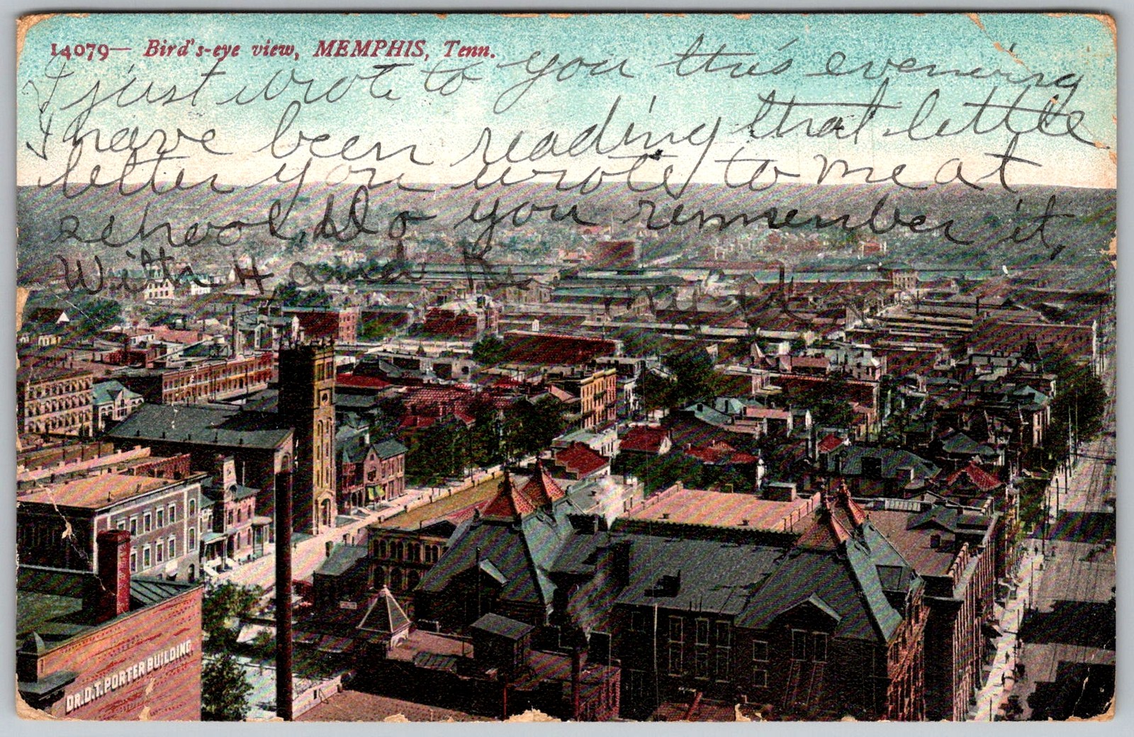 Antique Postcard Bird's-eye View Downtown Skyline Memphis, TN 1900s