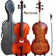 Bellissimo violoncello 7/8, legno acero occhio di uccello, Rich Big Sound, con custodia rigida buon arco