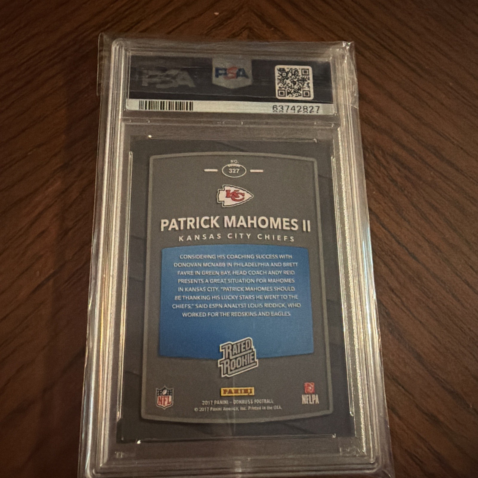 Patrick Mahomes II 2017 Panini Donruss Rated Rookie #327 PSA 9 Chiefs view 2