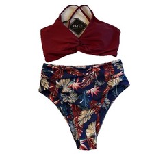 NWT ZAFUL 2 Piece Bikini Size Small Burgundy Strappy Top and Navy Floral Bottom