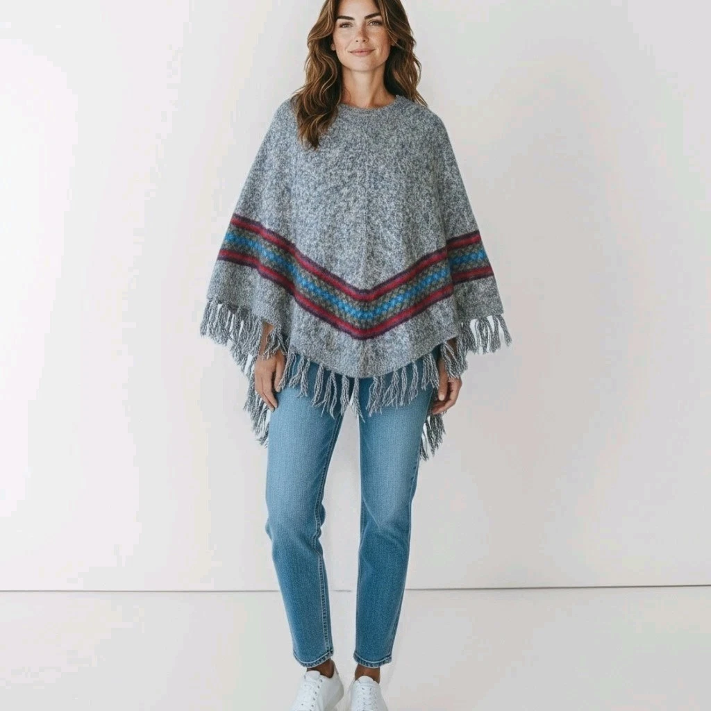 The Alpaca Connection Poncho Hand Made in Peru Gray Blue Red Fringe Wool Size L
Opens in a new windo