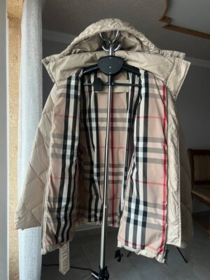 BURBERRY BRIT GOOSE DOWN PUFFER HOODED JACKET WITH BELT FULL ZIP WOMENS SIZE S
