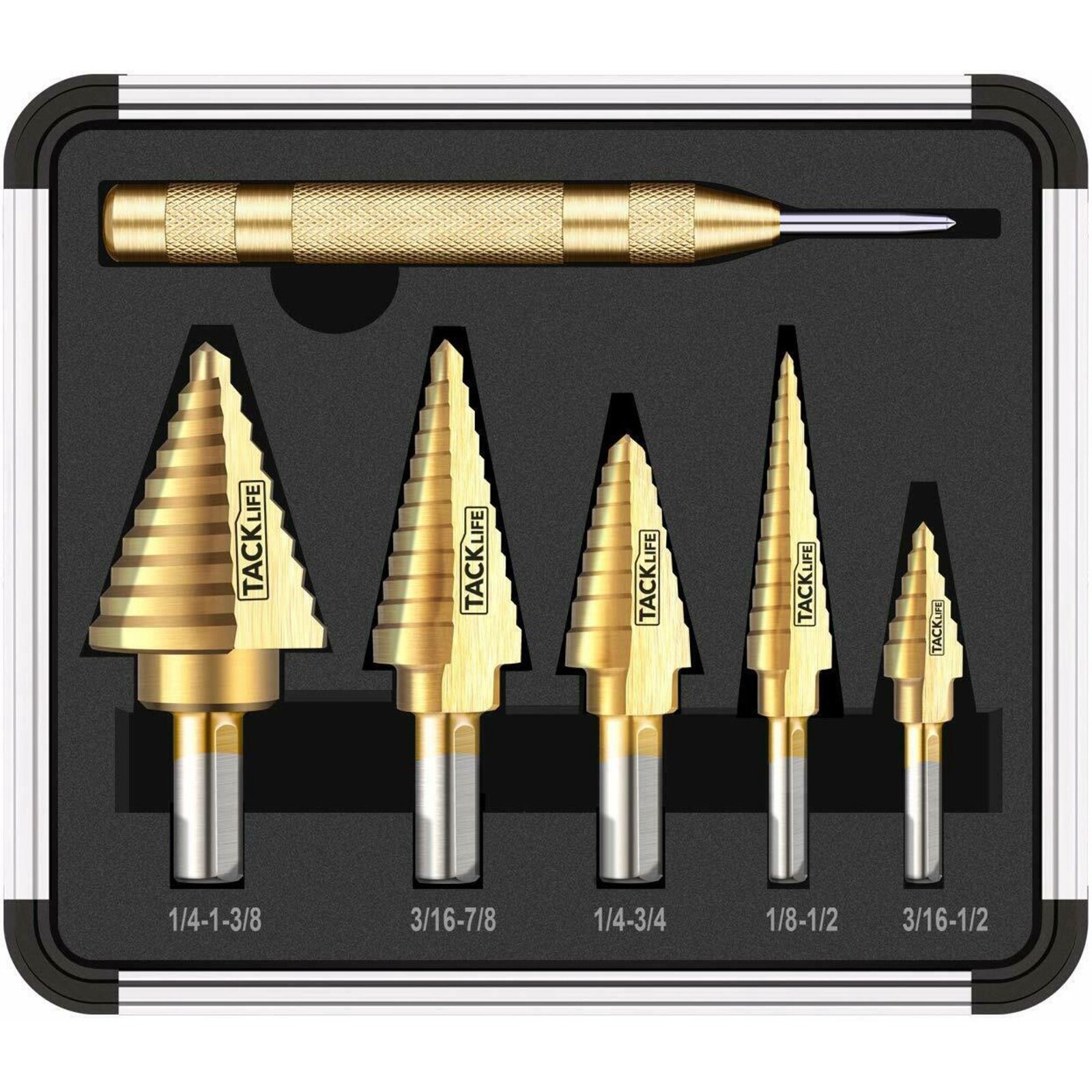 TACKLIFE PDH06A Classic Titanium Step Drill Bit Set & Automatic Center Punch