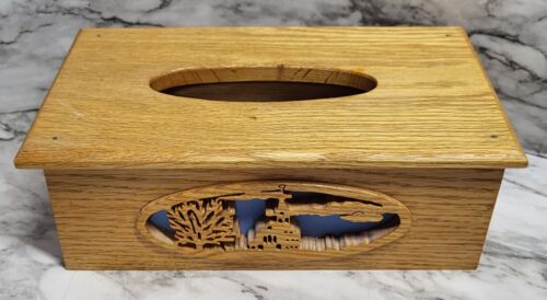 Wooden Tissue Box Cover. Handmade. Church Scene. Lazer Cut. Blue Backing. - Picture 1 of 10