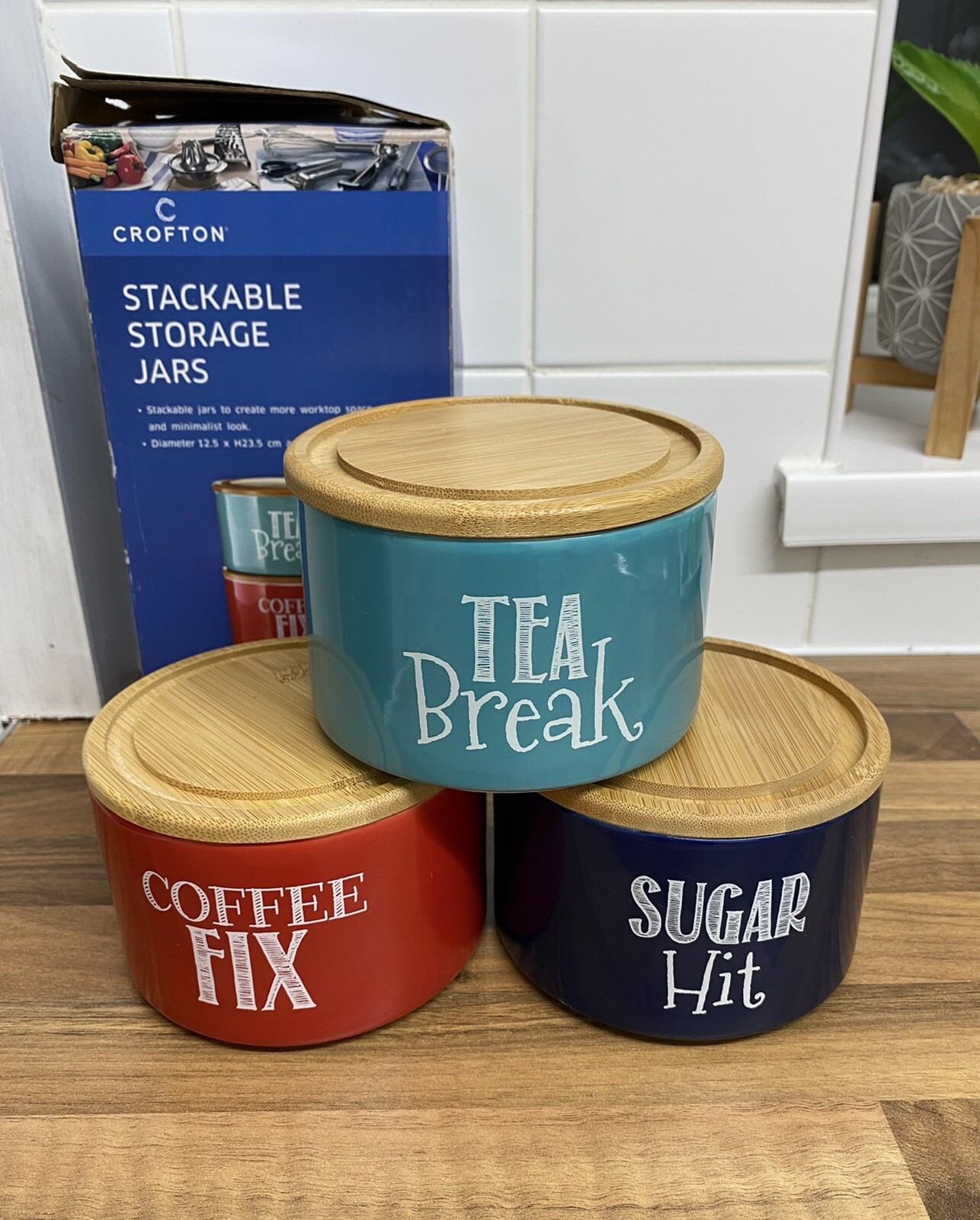 Multicoloured Ceramic Stacking Tea Coffee Sugar Jars with Labels