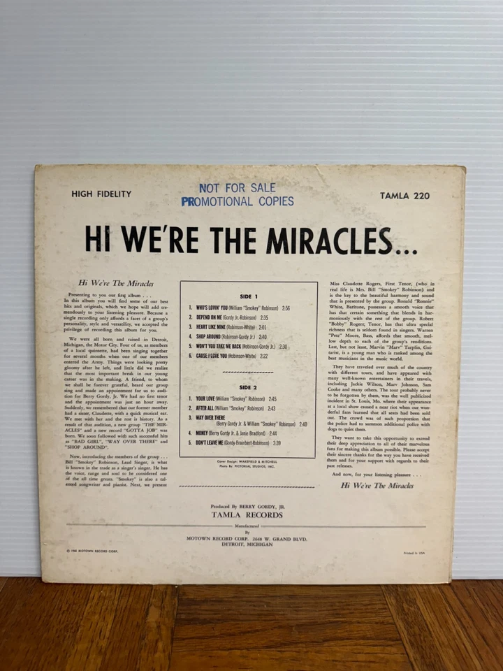 Hi We’re The Miracles LP 1961 Mono Smokey Robinson Gordy RARE Tamla 220 VG Promo - Image 2 of 4