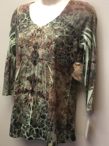 New One World Womens Petite M PM Green Long Sleeve Sublimination Knit Top Boho - Picture 3 of 8