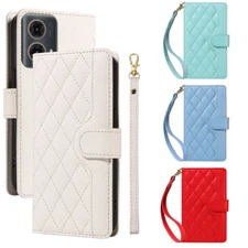 Flip Strap Grid Leather Wallet Phone Case for Motorola G73 G32 G84 G85 G14 G04