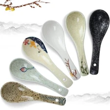 6 Pcs Asian Retro Ceramic Soup Spoons Appetizers Tableware for Salad Ramen