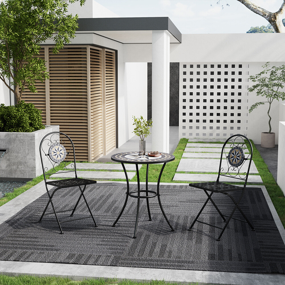 Mosaic Bistro Set Garden Furniture Table Chairs Outdoor Patio Black Iron  Frame
