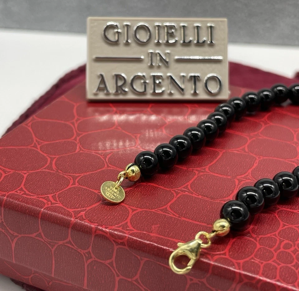 BRACCIALE DONNA PIETRE ROTONDE ONICE NERO LISCIO ARGENTO 925 DORATO MADE IN ITA - Immagine 4 di 4