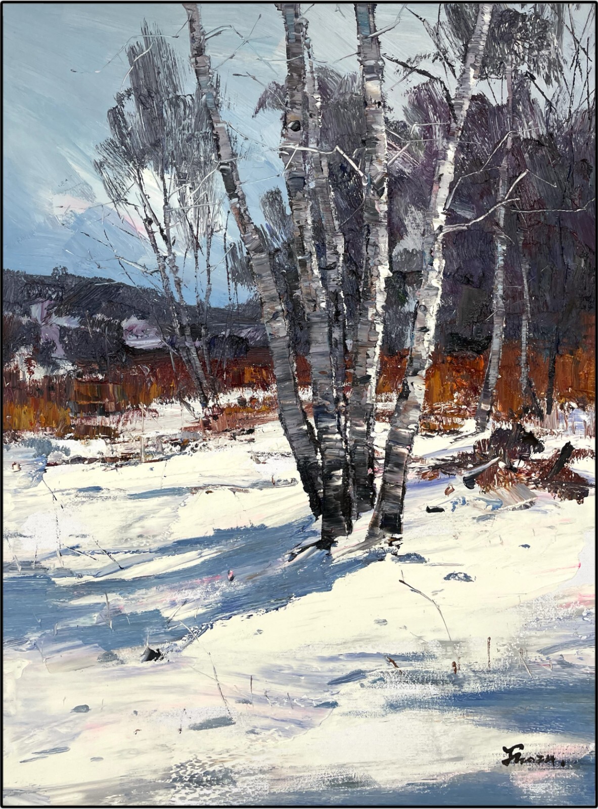Winter Birch Forest Oil Painting - Hand-Painted Winter Forest Landscape Artwork,