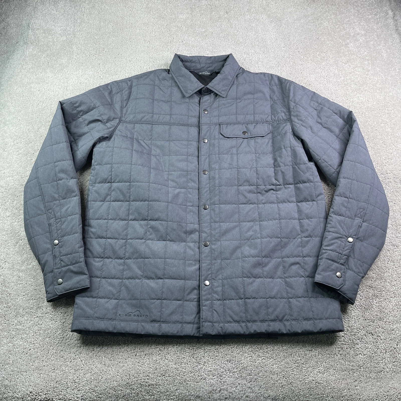 Eddie Bauer Jacket Mens XL Grey Square Quilted Insulated Shirt Jac Snap Front