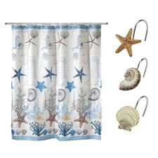 - Shower Set, Fabric Shower Curtain & 12pc Curtain Hooks, Durable Bathroom Es...
