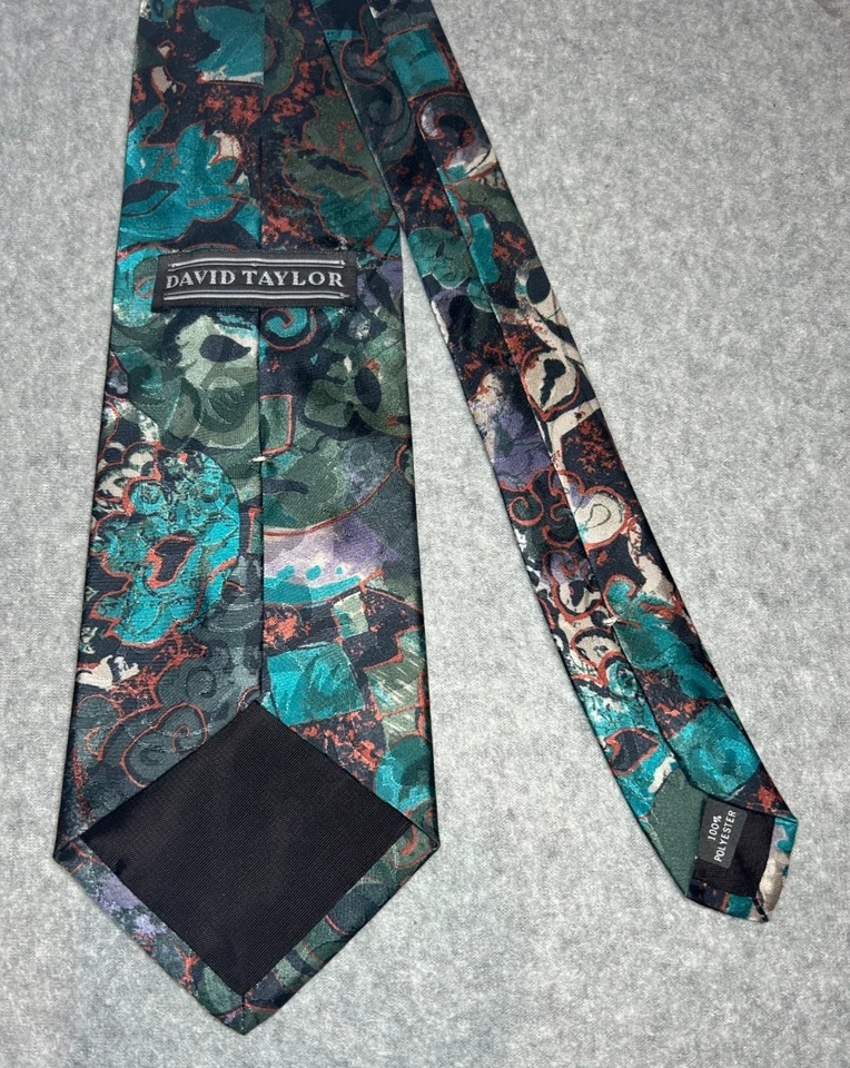 Corbata abstracta verde azul púrpura 100 % poliéster 59,5" x 4" vintage David Taylor Foto 3 de 4