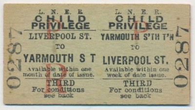 Bahnticket LNER Yarmouth South Town Liverpool St undatiert keine Käufergebühr CH2980