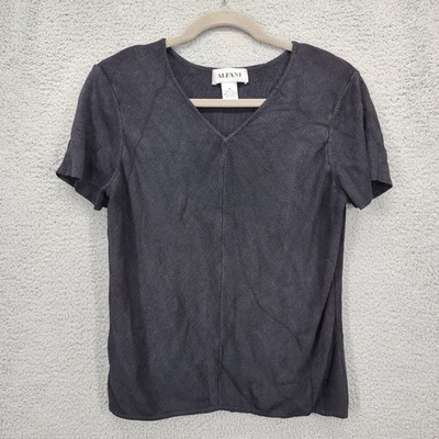 Alfani 100% Silk Knit V-Neck Short Sleeve Top Charcoal Black Medium Ribbed
