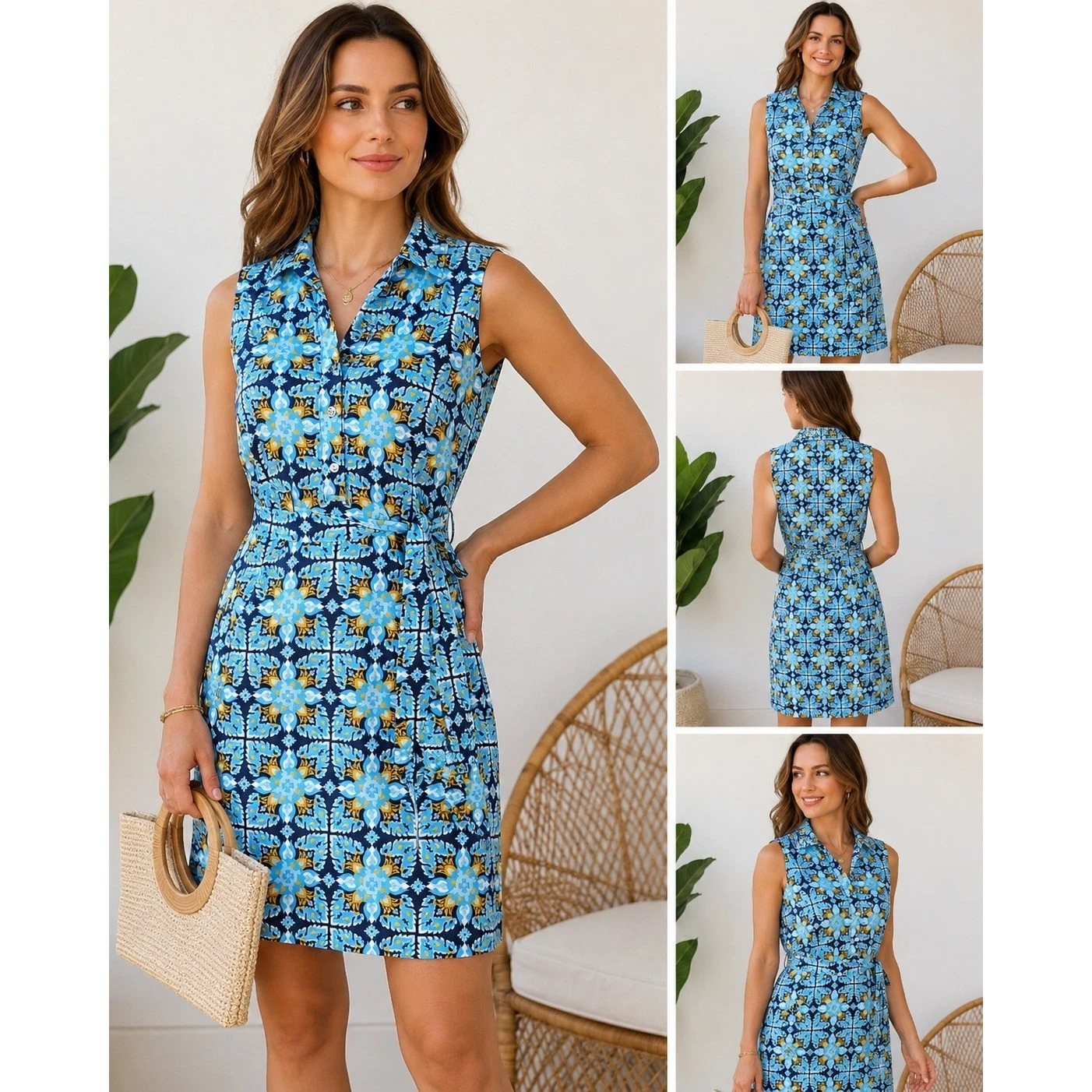 J.McLaughlin Sleeveless Shirt Dress Blue Yellow Geometric Tile XS Preppy, Resort
Opens in a new wind