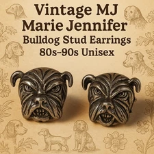 Vintage MJ Marie Jennifer Bulldog Head Stud Earrings Silver Tone 80s-90s Quirky!