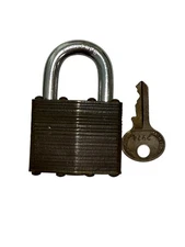 Master Lock Padlock No. 2 Brass Hardened Shackle, USA Made, Vintage + Key Works