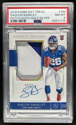 2018 National Treasures Saquon Barkley Holo Silver Patch Auto RC #/25 PSA 8