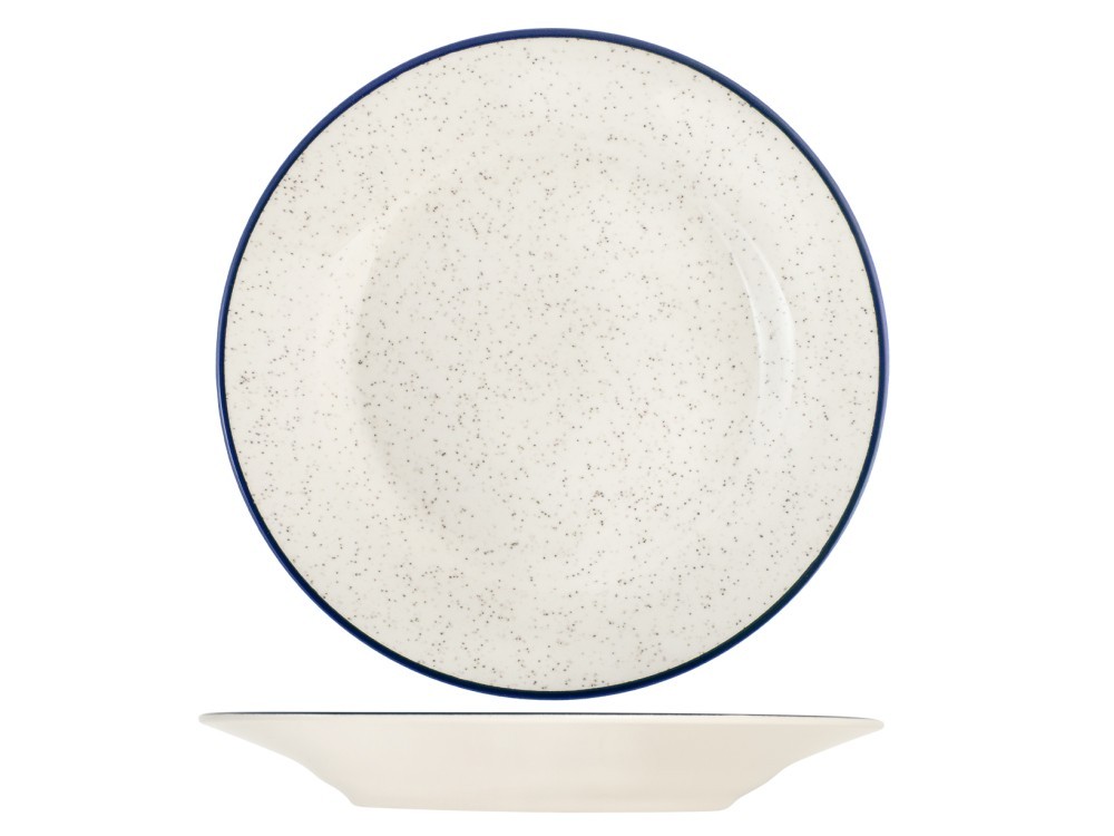 H&H 12 Flat Plates Milos in Stoneware Ivory Blue Thread 26 cm