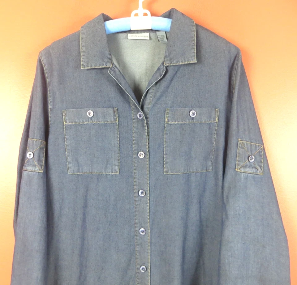 TB08412 VALERIE STEVENS Mujer Tencel Denim Jean Túnica Camisa Manga Larga Azul L Foto 3 de 4