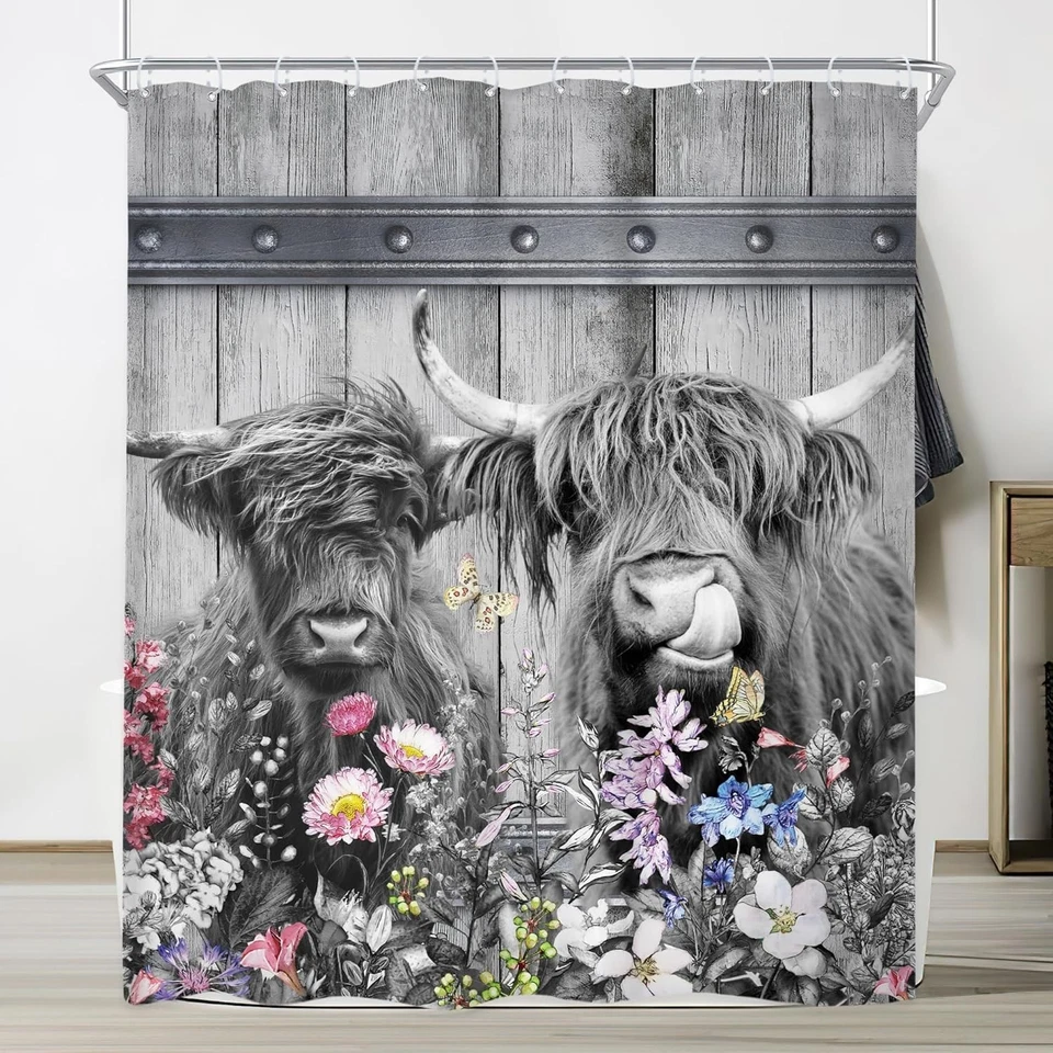 Cortina de ducha Highland Cow poliéster granja rústica 60x72 pulgadas decoración de baño Foto 3 de 4