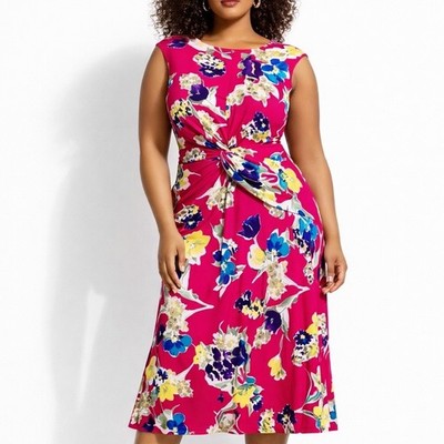 Ralph Lauren PLUS Floral Jersey Knit Twist Knot Front Midi Dress Size 16