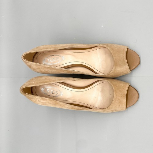 Tod's Womens 37A/ 7 Beige Suede Wedge Heel Shoes Peep Toe Slip On Pumps - Picture 4 of 15