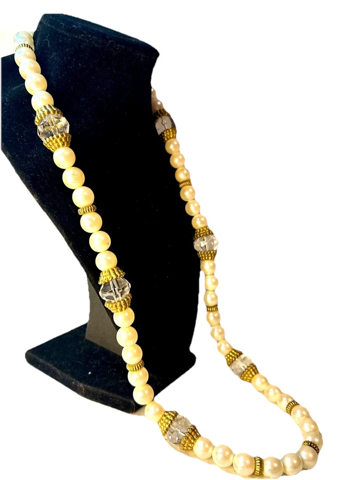 复古项链服装珠宝首饰水晶人造珍珠白色股金色 31 英寸 — 第 3/4 张图片