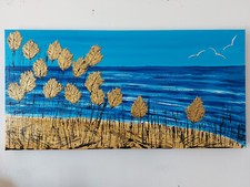 QUADRO MODERNO DIPINTO A MANO PAESAGGIO MARE SPIGHE  DI GRANO 40x80x4cm  RIF129