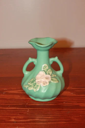 Vintage Weller Pottery Blossom Vase - Matte Green Floral 6" - Twin Handle USA